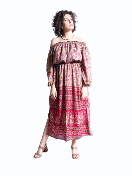Abito Lungo Etnico con Scollo a Barca multicolor – Radha