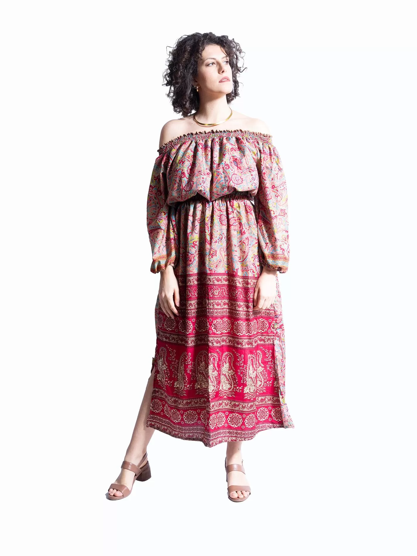 Abito Lungo Etnico con Scollo a Barca multicolor – Radha