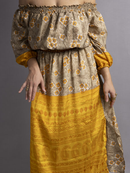 Abito Lungo Etnico con Scollo a Barca ocra e giallo – Radha (2)