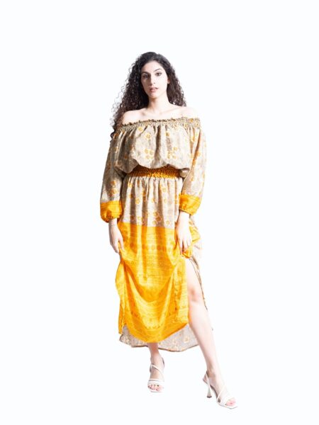 Abito Lungo Etnico con Scollo a Barca ocra e giallo – Radha