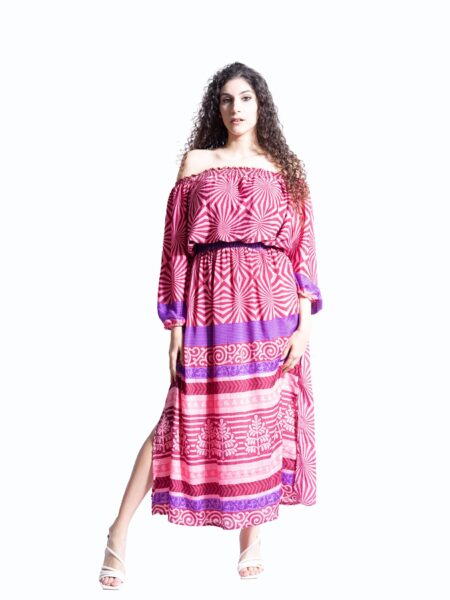 Abito Lungo Etnico con Scollo a Barca rosa – Radha