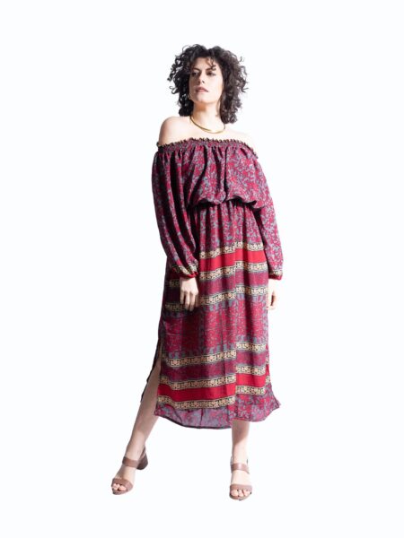 Abito Lungo Etnico con Scollo a Barca rosso e grigio – Radha