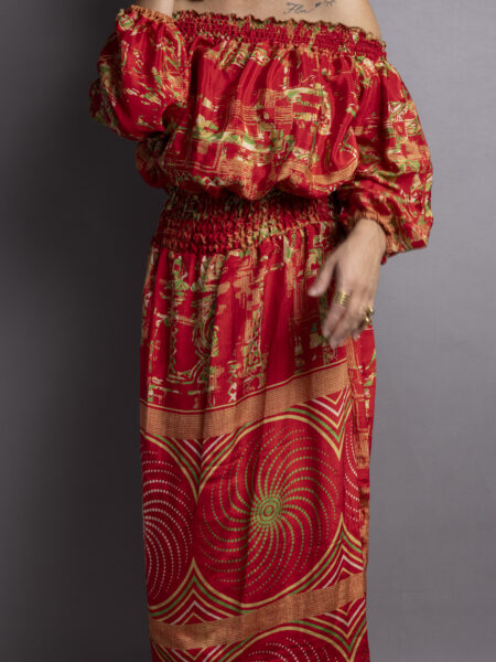 Abito Lungo Etnico con Scollo a Barca rosso – Radha (3)