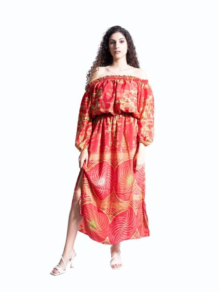 Abito Lungo Etnico con Scollo a Barca rosso – Radha