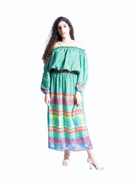 Abito Lungo Etnico con Scollo a Barca verde chiaro – Radha