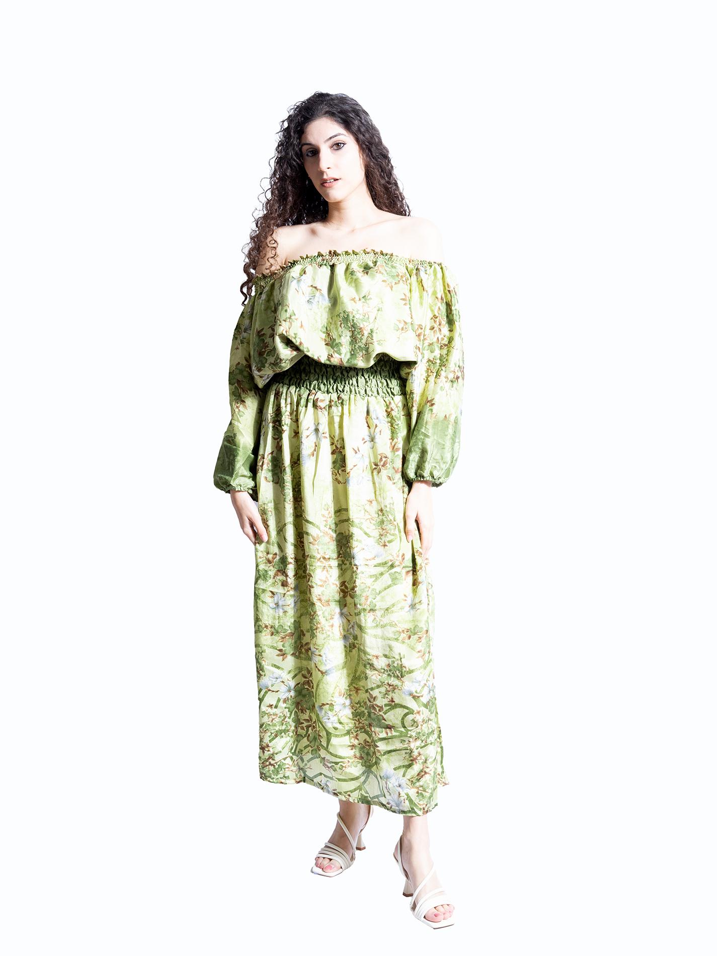 Abito Lungo Etnico con Scollo a Barca verde – Radha