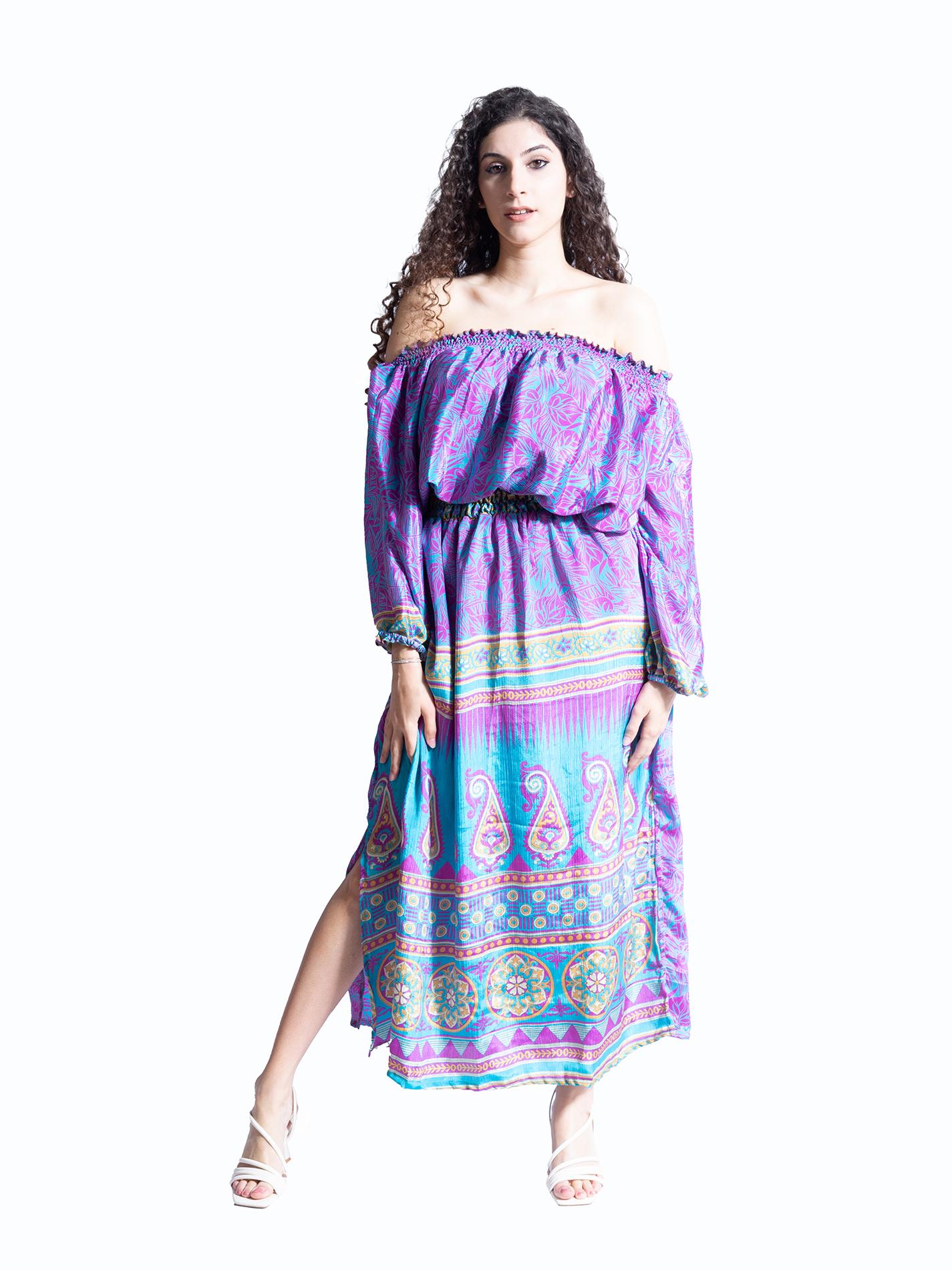 Abito Lungo Etnico con Scollo a Barca viola e blu – Radha