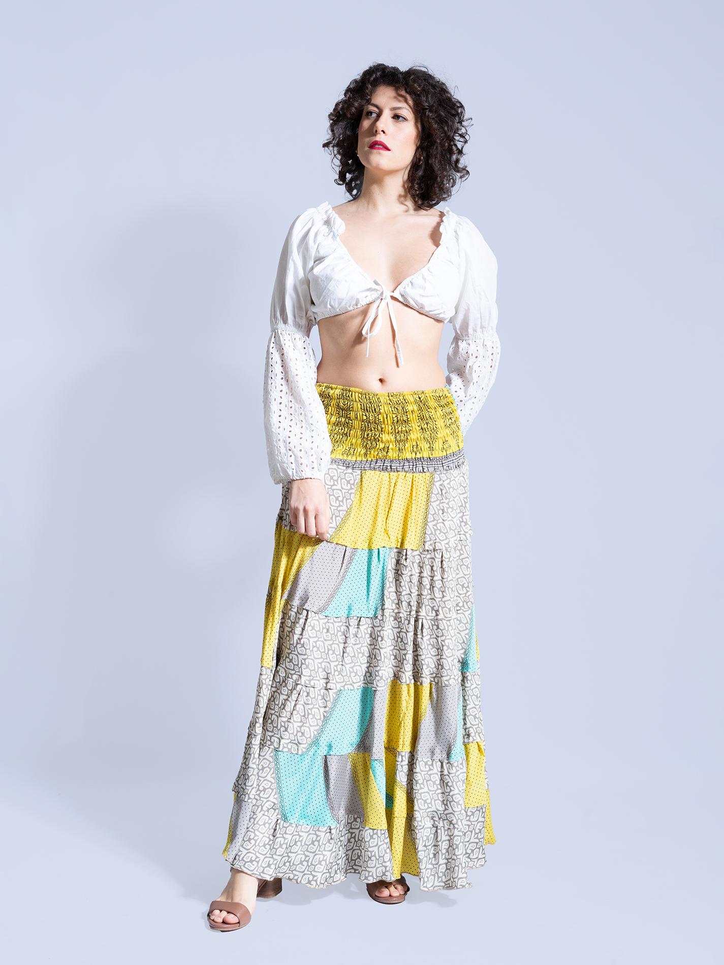 Gonna etnica a balze giallo grigio e celeste – Hippie