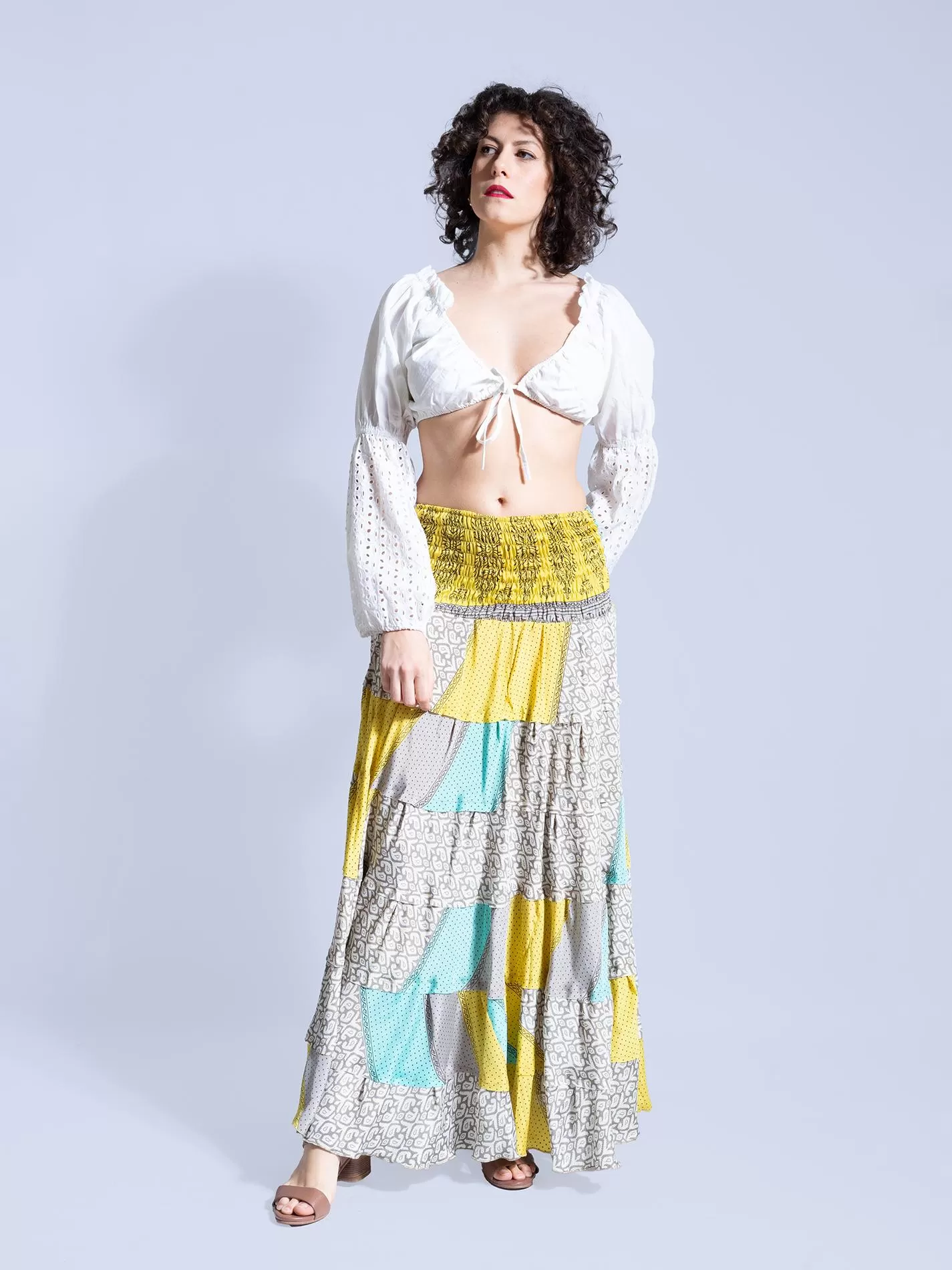 Gonna etnica a balze giallo grigio e celeste – Hippie