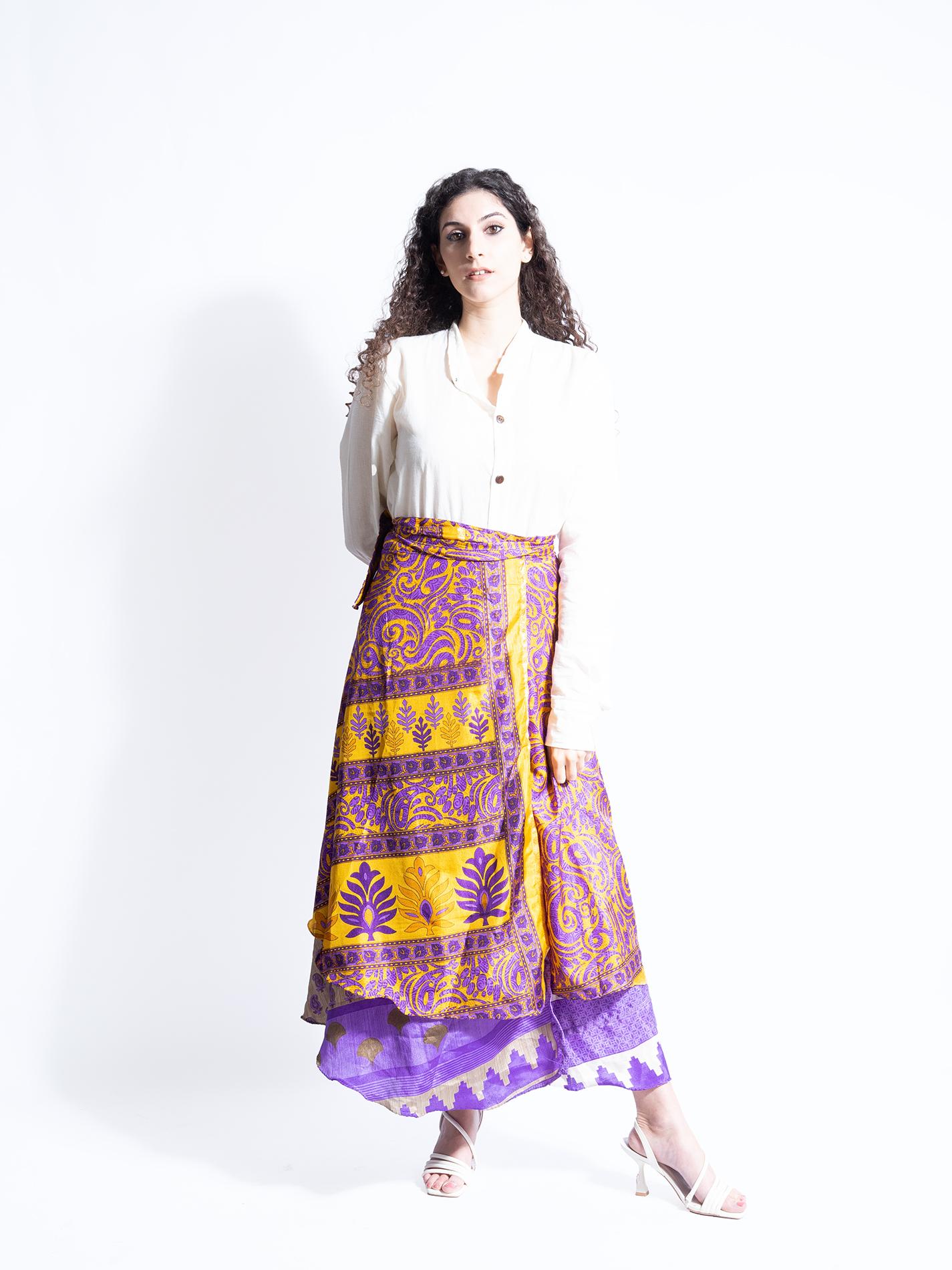 Gonna etnica lunga a portafoglio giallo e viola – India