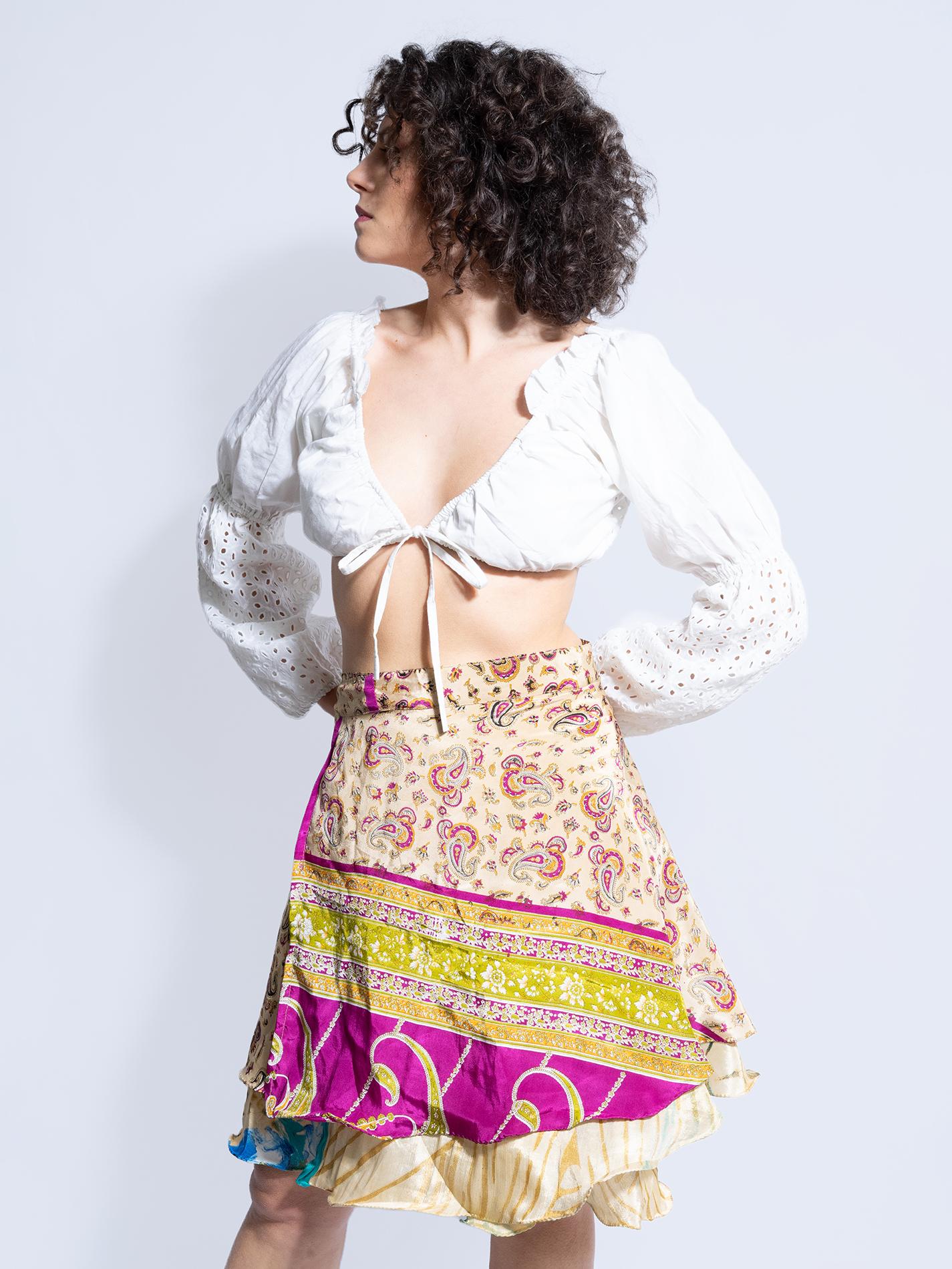 Mini Gonna etnica a portafoglio ocra e viola – Shiva