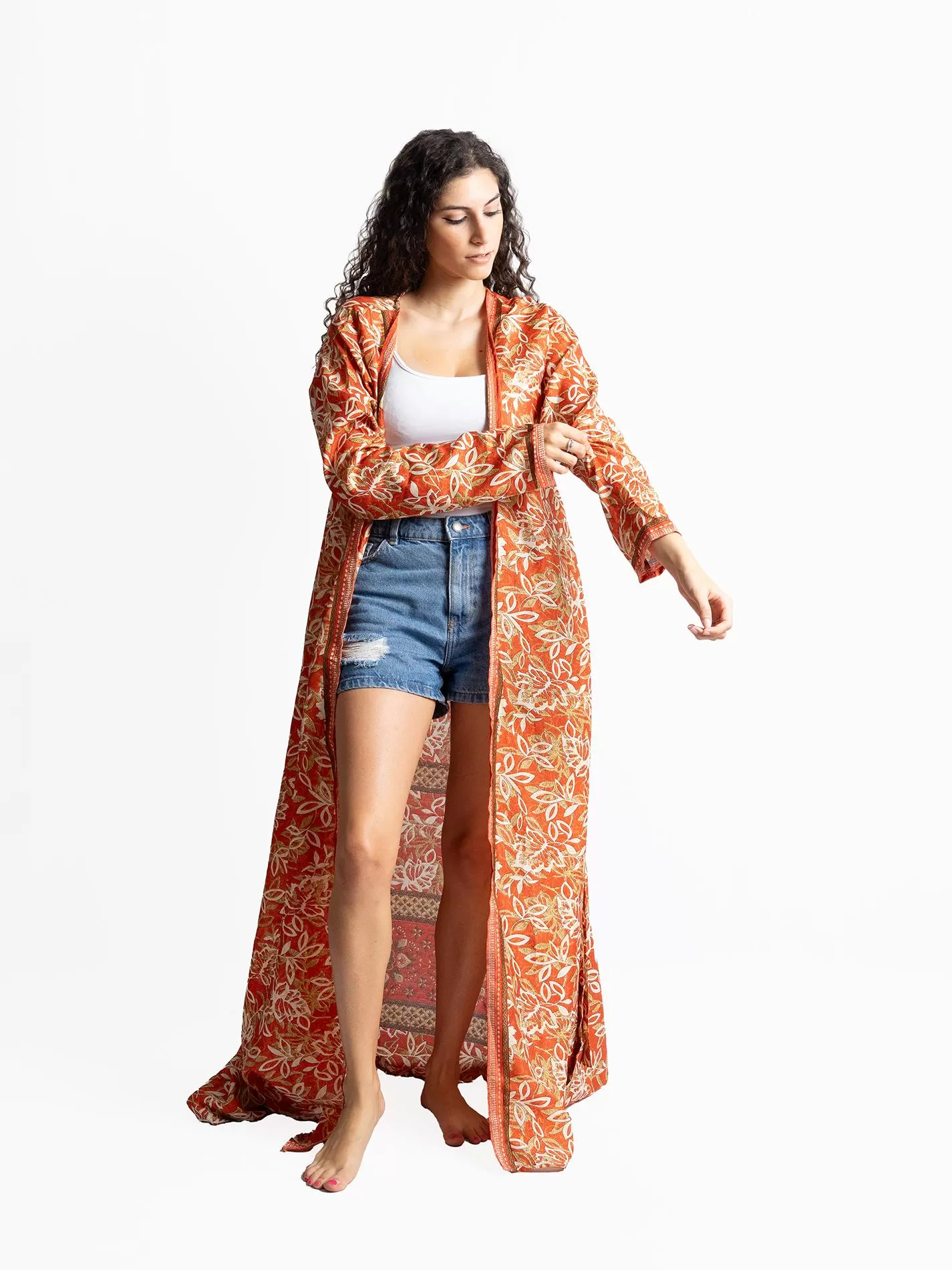 Kimono aperto rosso e bianco - Gujarat