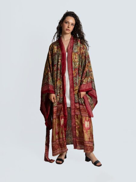 Kimono Manica Larga rosso con fiori - Surat
