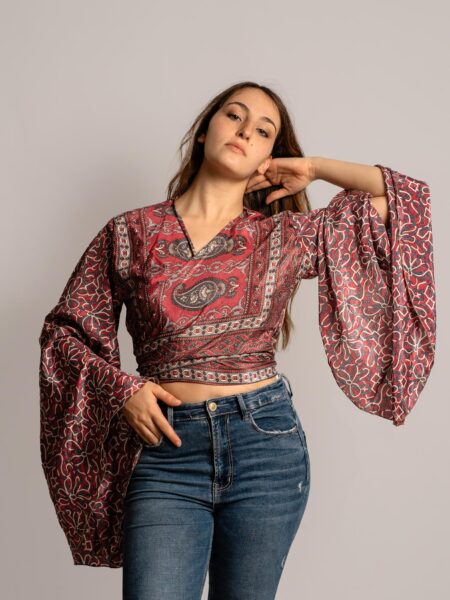 Wrap Top Manica larga bianco e rosso – Gandhi