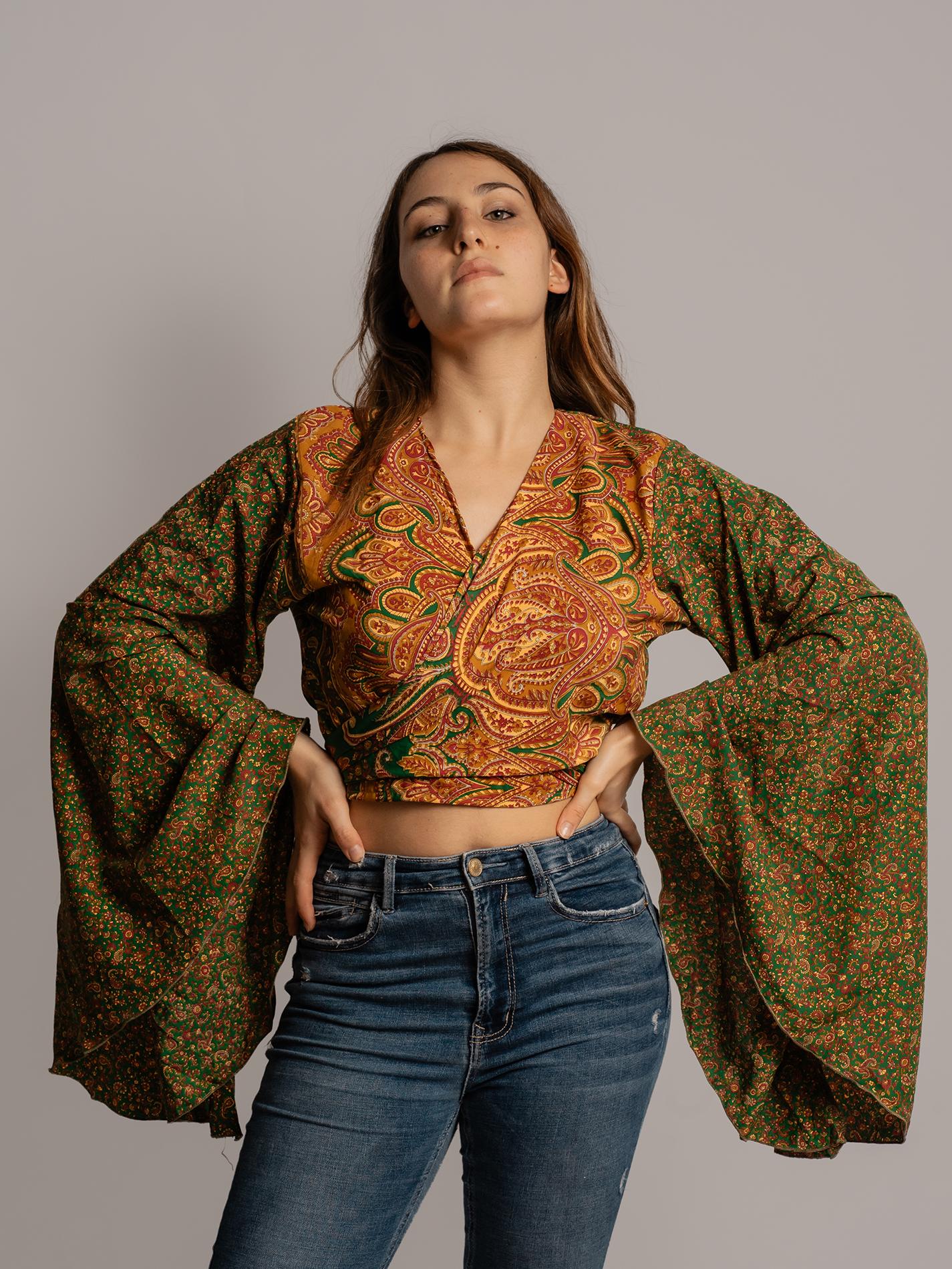 Wrap Top Manica larga verde e arancione – Gandhi