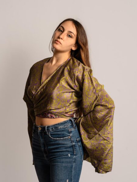 Wrap Top Manica larga verde e viola – Gandhi