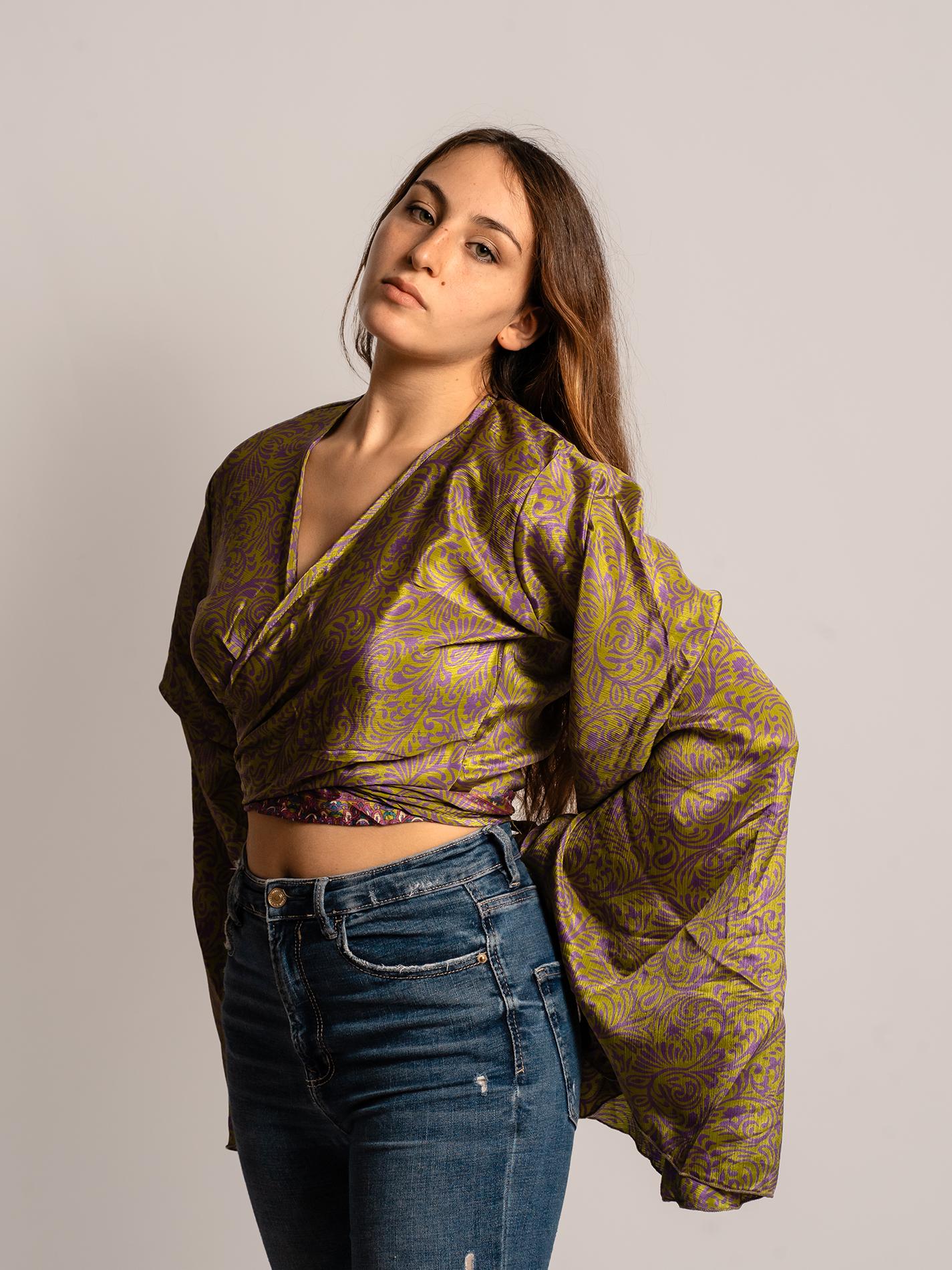 Wrap Top Manica larga verde e viola – Gandhi
