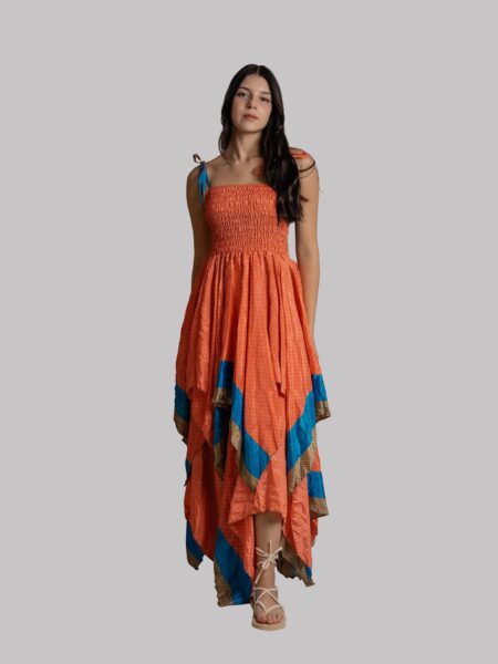 Abito etnico con elastico e spalline arancione e blu – Mumbai