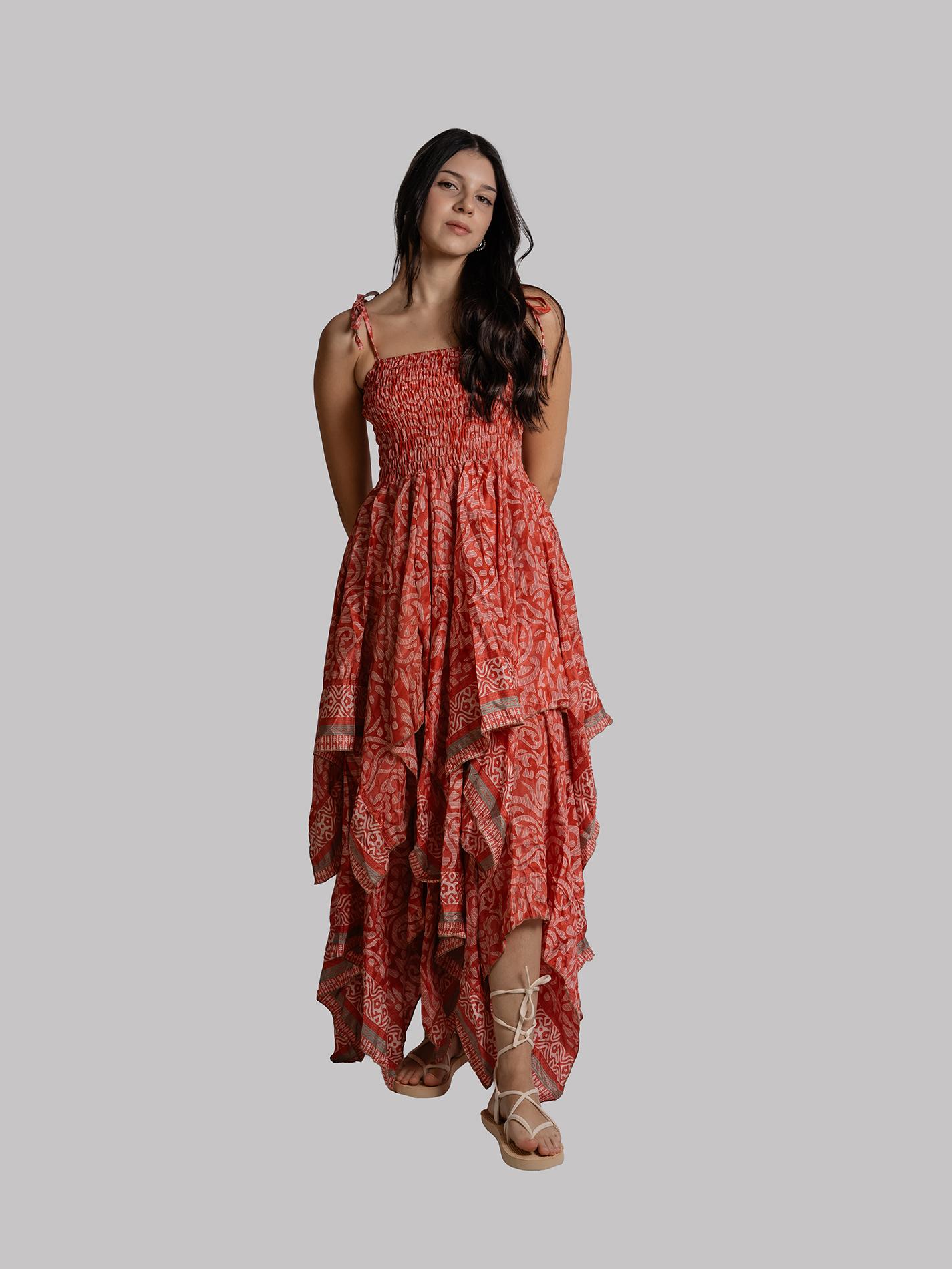 Abito etnico con elastico e spalline salmone – Mumbai