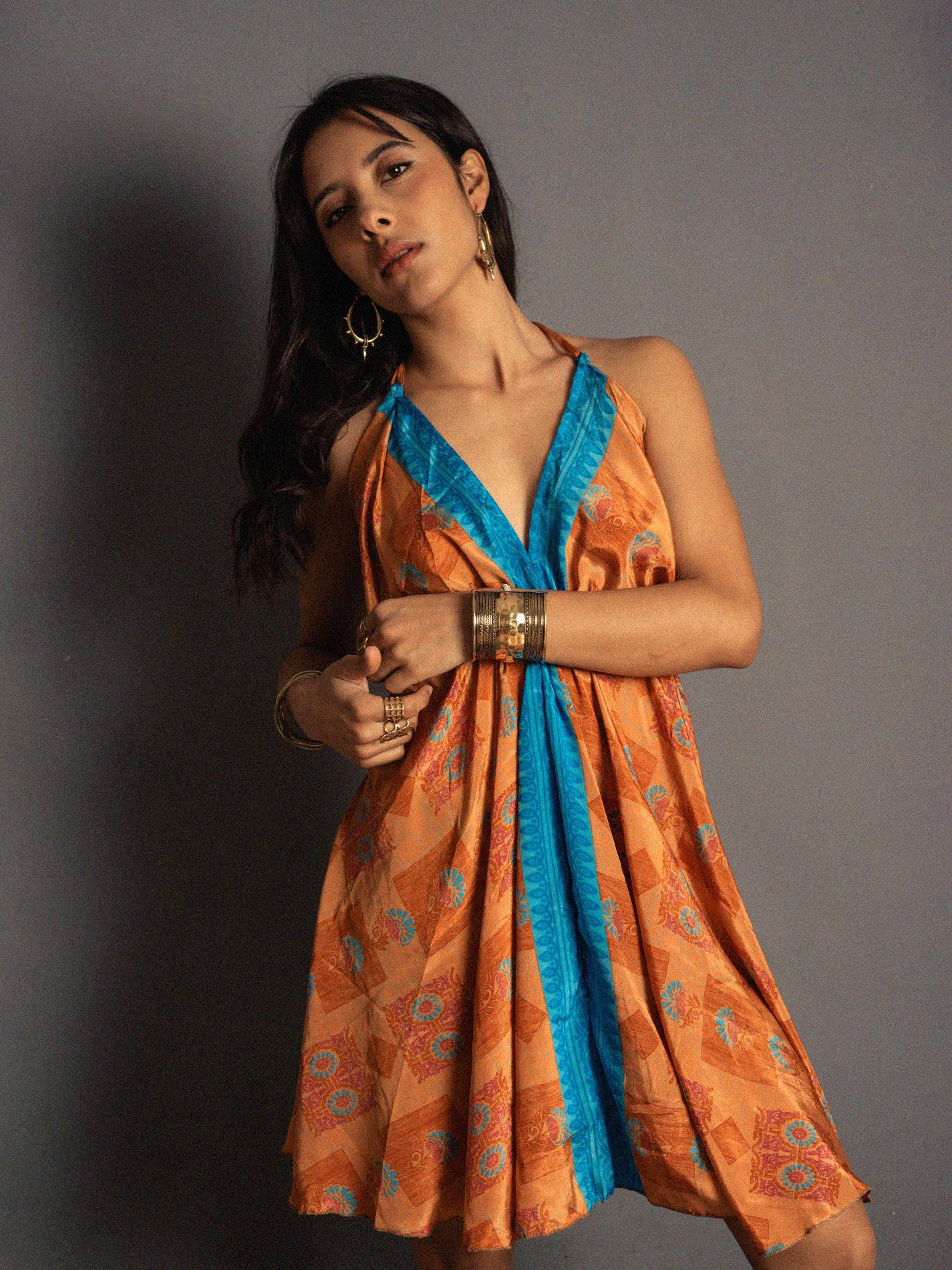 Abito corto arancione e azzurro - Mandala