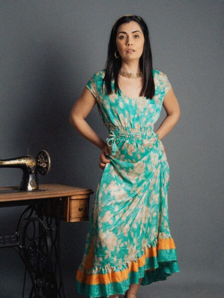 Abito lungo a girocollo fiori bianchi - Agra