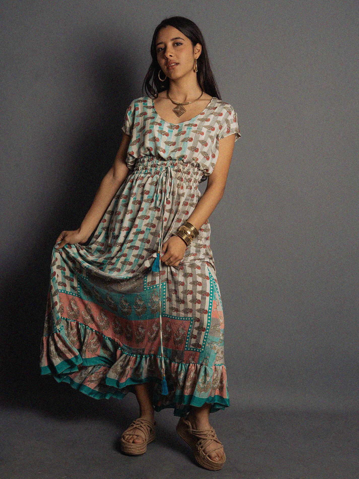 Abito lungo a girocollo fiori - Agra