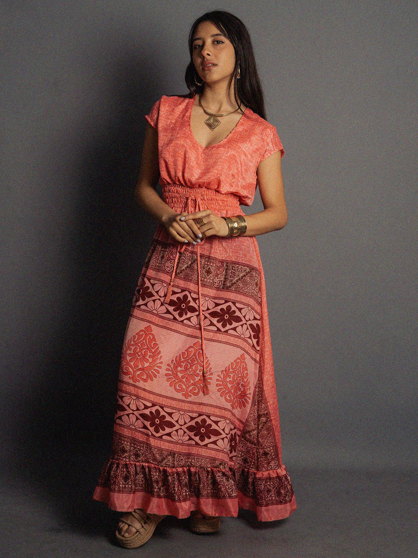 Abito lungo a girocollo rosa - Agra