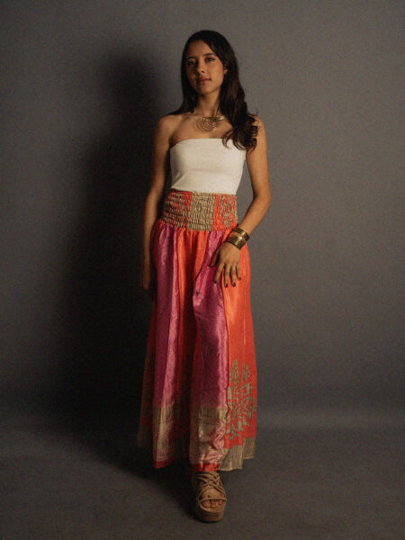 Pantalone etnico a palazzo doppia fantasia arancione e rosa – Loto