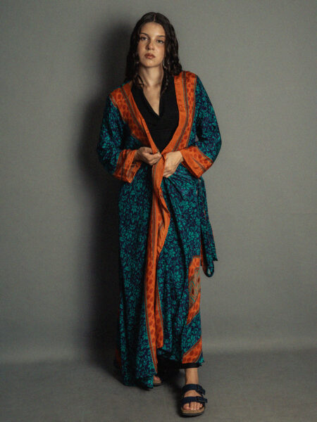 Kimono aperto blu e arancione - Gujarat