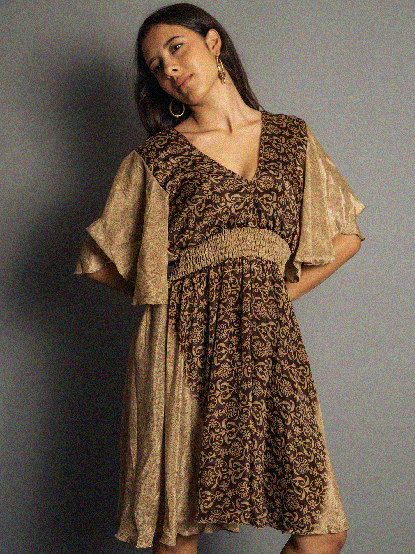 Abitino con maniche corte ocra e marrone - Haryana