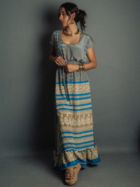 Abito lungo a girocollo azzurro e grigio - Agra