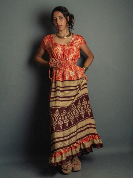 Abito lungo a girocollo rosso e marrone - Agra