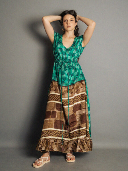 Abito lungo a girocollo verde e marrone - Agra