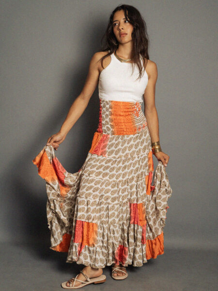 Gonna etnica a balze bianco e arancione – Hippie