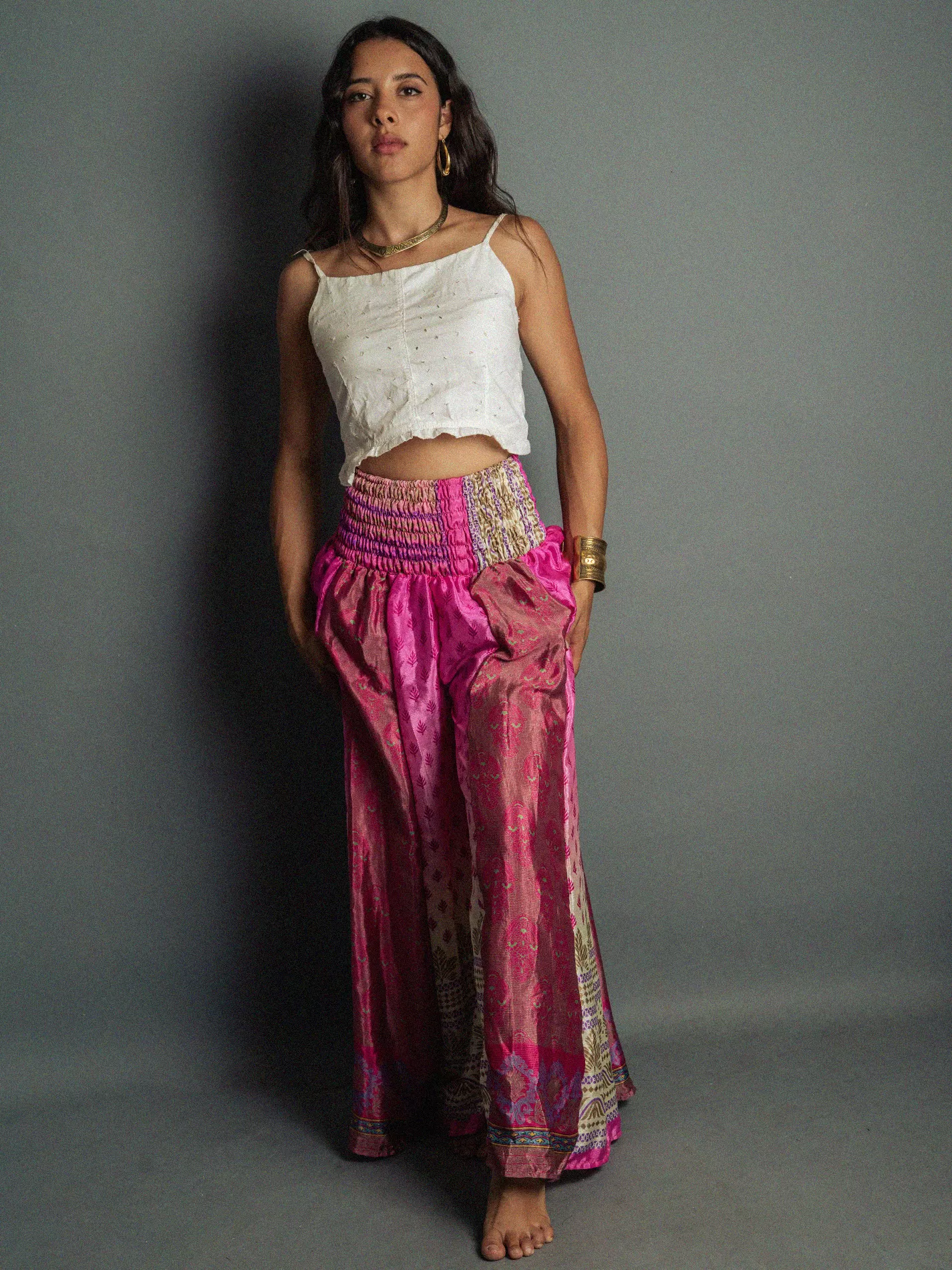 Pantalone etnico a palazzo doppia fantasia fucsia – Loto