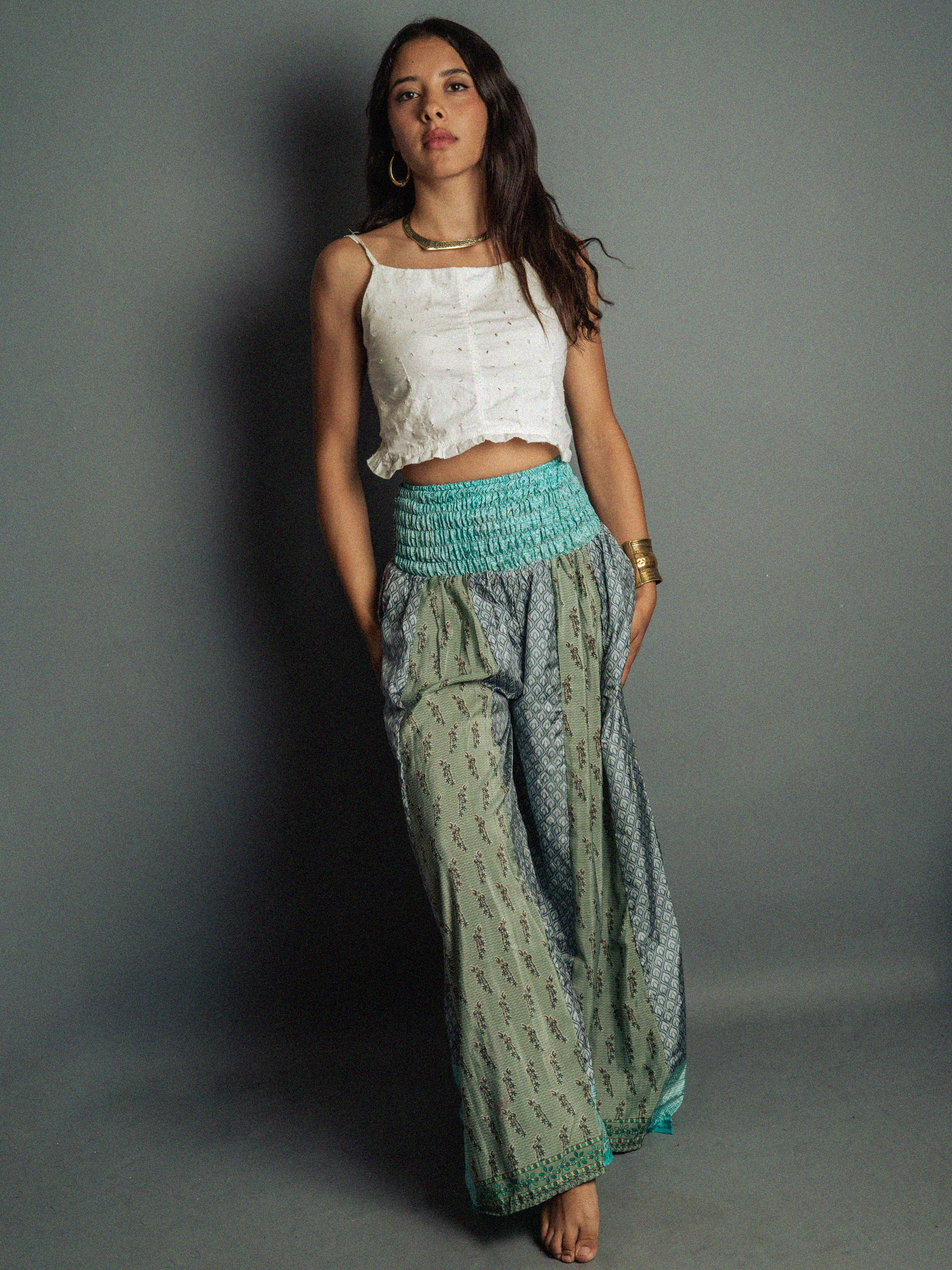 Pantalone etnico a palazzo doppia fantasia grigio – Loto