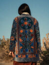 Cappotto tre quarti SUZANI in Velluto con ricamo fatto a mano - Ceruleo