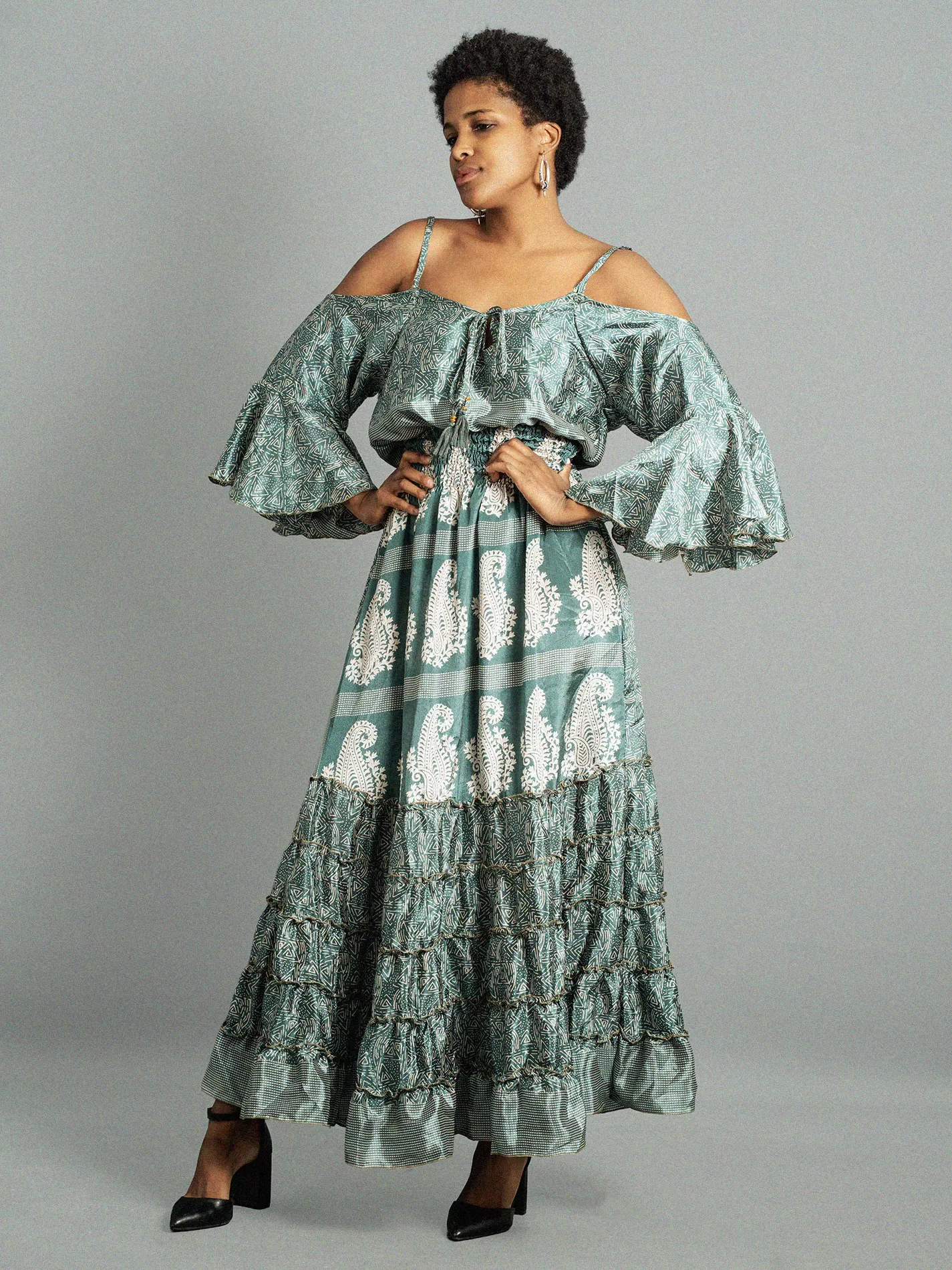 Abito lungo con bretelle verde e bianco - Nagpur