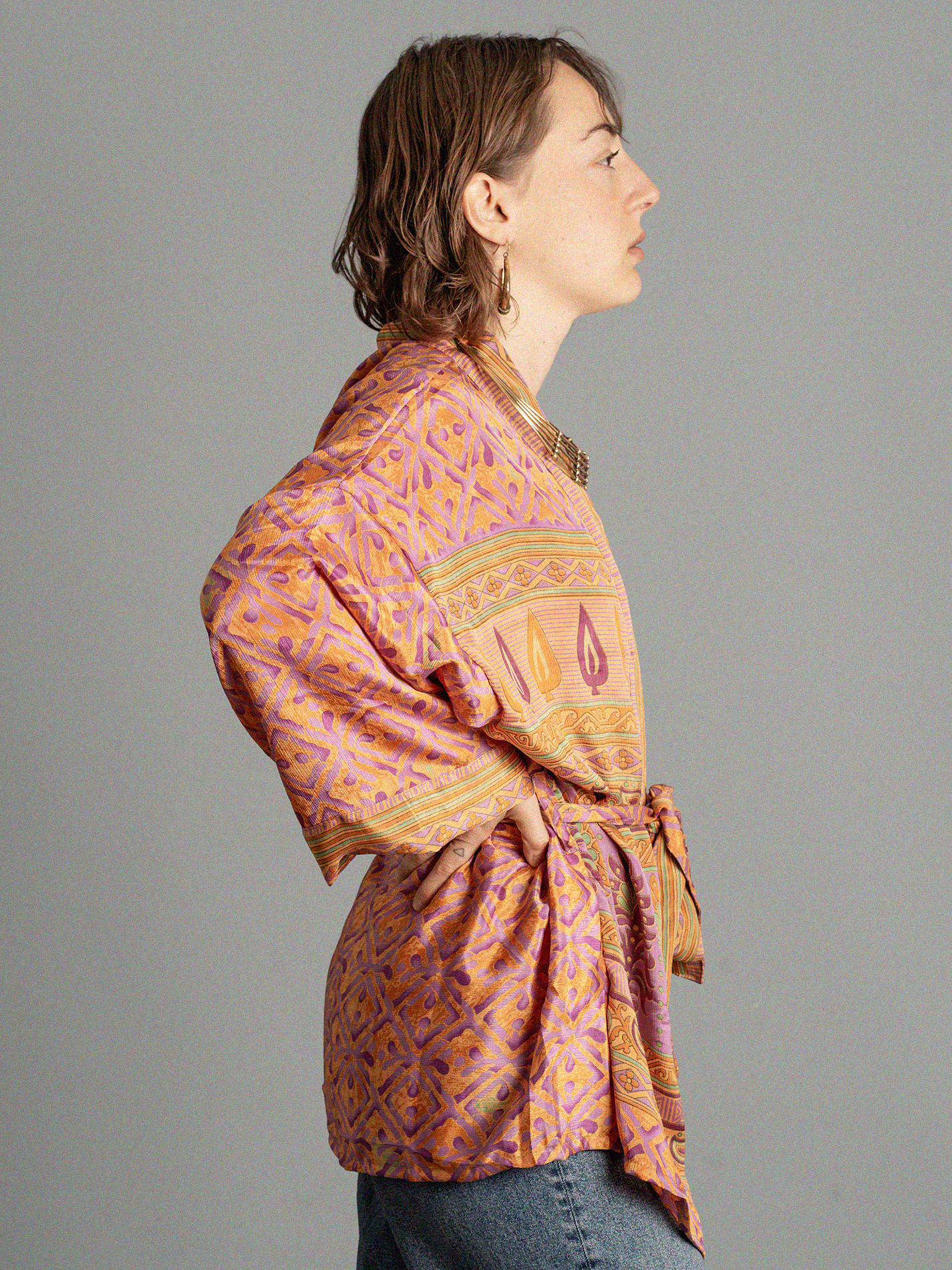 Kimono corto arancione con quadri - Kerala