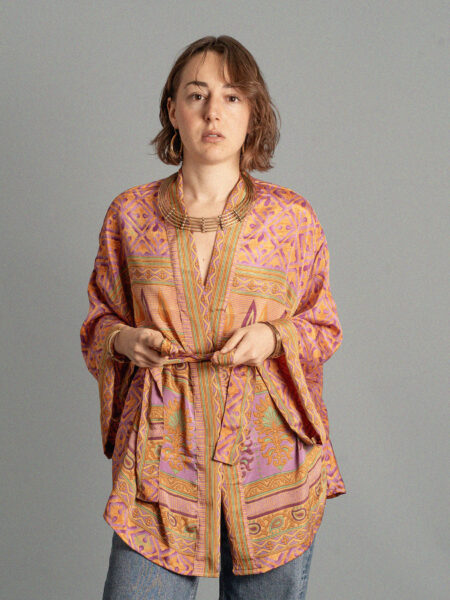 Kimono corto arancione con quadri - Kerala