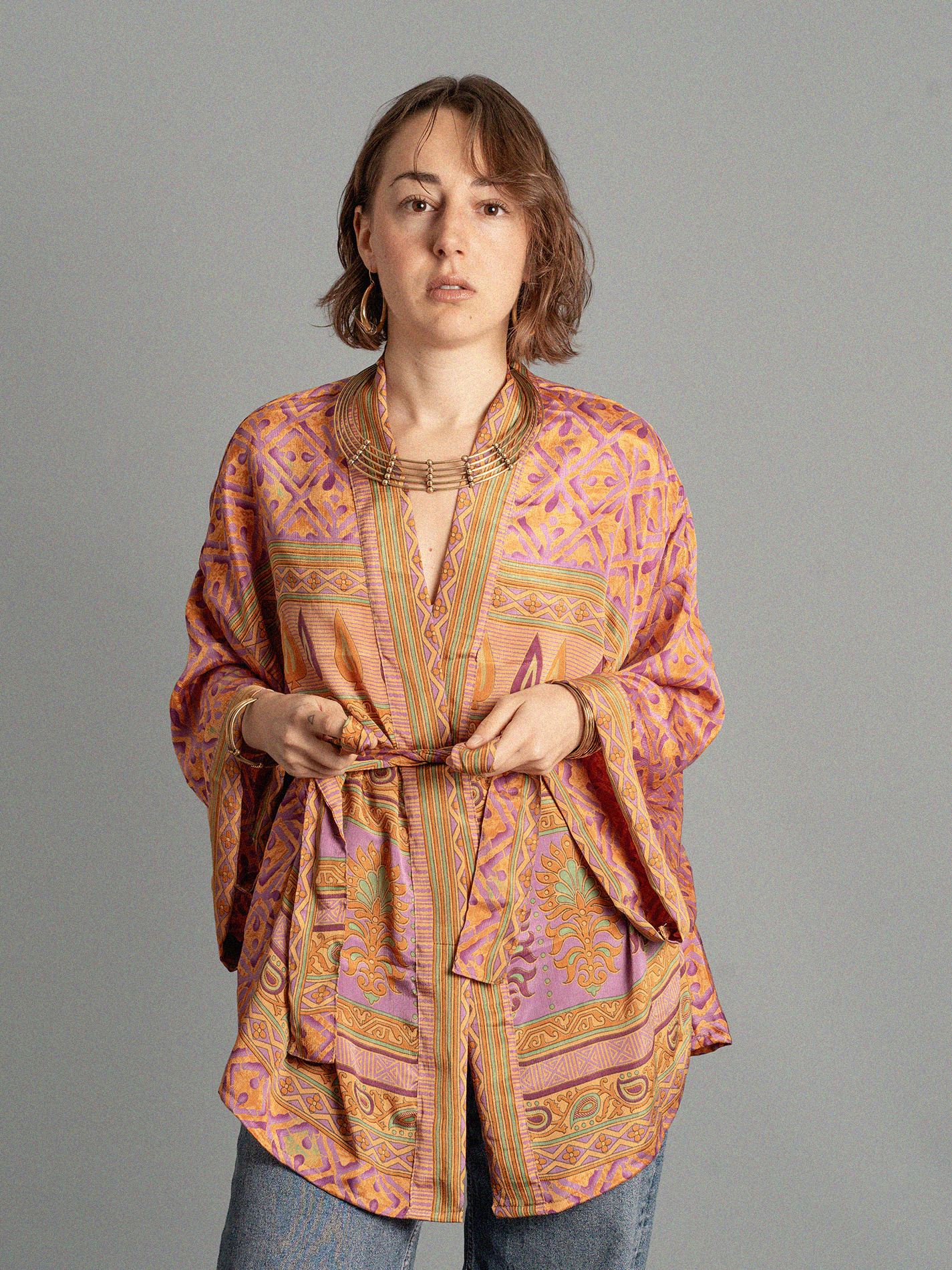 Kimono corto arancione con quadri - Kerala